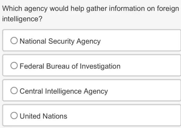 Which agency would help gather information on foreign
intelligence?
National Security Agency
Federal Bureau of Investigation
Central Intelligence Agency
United Nations