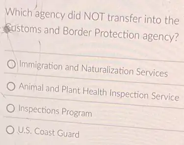 Which agency did NOT transfer into the
sustoms and Border Protection agency?
Immigration anc I Naturalization Services
Animal and Plant Health Inspection Service
Inspections Program
U.S. Coast Guard