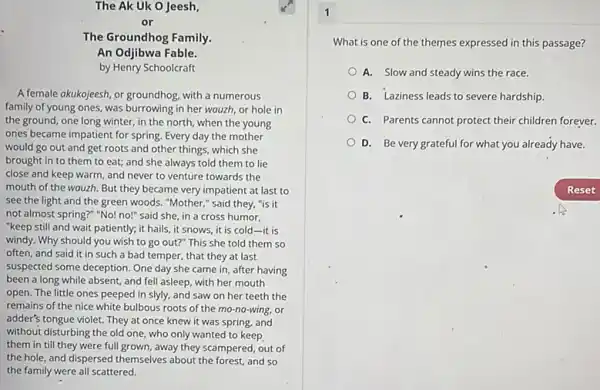 The Ak Uk 0 Jeesh,
or
The Groundhog Family.
An Odjibwa Fable.
by Henry Schoolcraft
A female akukojeesh, or groundhog with a numerous
family of young ones.was burrowing in her wauzh, or hole in
the ground, one long winter, in the north when the young
ones became impatient for spring. Every day the mother
would go out and get roots and other things, which she
brought in to them to eat; and she always told them to lie
close and keep warm and never to venture towards the
mouth of the wauzh.But they became very impatient at last to
see the light and the green woods. "Mother " said they, "is it
not almost spring?" "No!no!" said she, in a cross humor,
"keep still and wait patiently; it hails, it snows, it is cold -it is
windy. Why should you wish to go out?"This she told them so
often, and said it in such a bad temper, that they at last
suspected some deception. One day she came in after having
been a long while absent, and fell asleep with her mouth
open. The little ones peeped in slyly, and saw on her teeth the
remains of the nice white bulbous roots of the mo-na-wing, or
adder's tongue violet. They at once knew it was spring, and
without disturbing the old one, who only wanted to keep
them in till they were full grown, away they scampered, out of
the hole, and dispersed themselves about the forest,and so
the family were all scattered.
1
What is one of the themes expressed in this passage?
A. Slow and steady wins the race.
B. Laziness leads to severe hardship.
C. Parents cannot protect their children forever.
D. Be very grateful for what you already have.