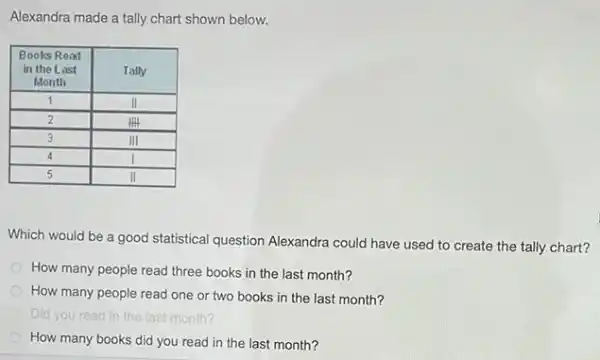 Alexandra made a tally chart shown below.

 }(c)
Books Read 
in the Last 
Month
 & Tally 
 1 & II 
 2 & HH 
 3 & III 
 4 & I 
 5 & II 


Which would be a good statistical question Alexandra could have used to create the tally chart?
How many people read three books in the last month?
How many people read one or two books in the last month?
Did you read in the last month?
How many books did you read in the last month?