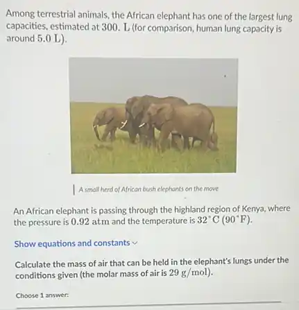 Among terrestrial animals, the African elephant has one of the largest lung
capacities, estimated at 300 L (for comparison, human lung capacity is
around 5.0 L).
An African elephant is passing through the highland region of Kenya, where
the pressure is 092 atm and the temperature is 32^circ C(90^circ F)
Show equations and constants v
Calculate the mass of air that can be held in the elephant's lungs under the
conditions given (the molar mass of air is 29g/mol)
Choose 1 answer: