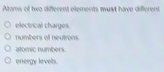 Atoms of two different elements must have different
electrical charges
numbers of neutrons
atomic numbers
energy levels