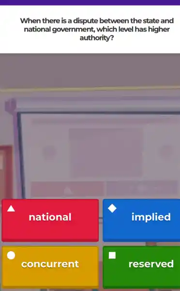 a
When there is a dispute between the state and
national I government, which I level has higher
authority?
national
implied
concurrent
reserved