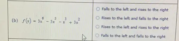 (b) f(x)=3x^6-5x^5-x^3+3x^2
Falls to the left and rises to the right
Rises to the left and falls to the right
Rises to the left and rises to the right
Falls to the left and falls to the right