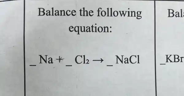 Balance the following
equation:
underline ( )Na+underline ( )Cl_(2)arrow underline ( )NaCl
Bal
KBr