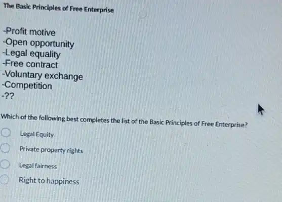 The Basic Principles of Free Enterprise
-Profit motive
-Open opportunity
-Legal equality
-Free contract
-Voluntary exchange
-Competition
-?
Which of the following best completes the list of the Basic Principles of Free Enterprise?
Legal Equity
Private property rights
Legal fairness
Right to happiness