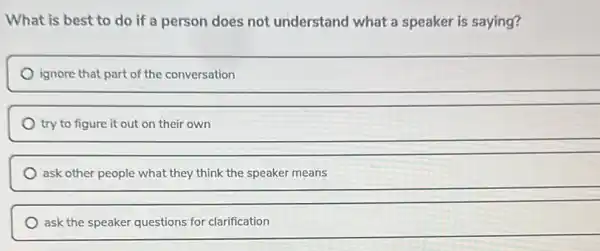 What is best to do if a person does not understand what a speaker is saying?
ignore that part of the conversation
try to figure it out on their own
__
ask other people what they think the speaker means
__
ask the speaker questions for clarification