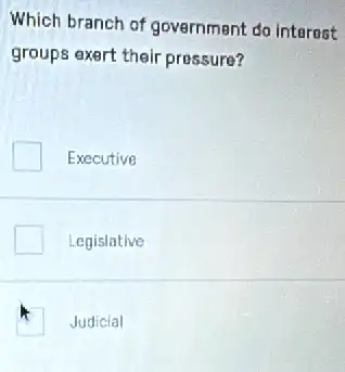 Which branch of government do interest
groups exert their pressure?
Executive
Legislative
Judicial