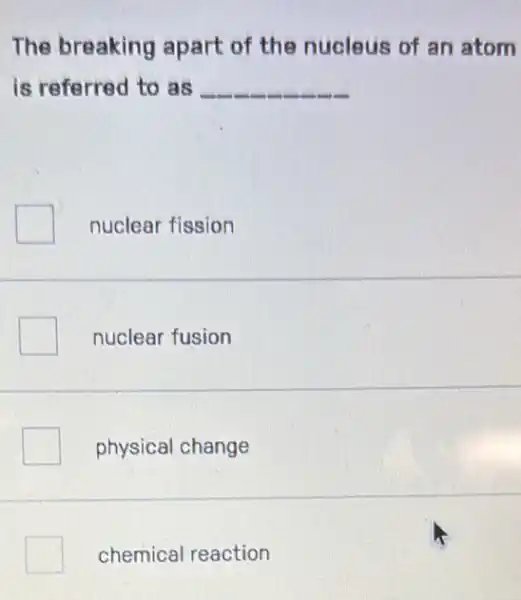 The breaking apart of the nucleus of an atom
is referred to as __
nuclear fission
nuclear fusion
physical change
chemical reaction