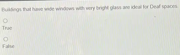 Buildings that have wide windows with very bright glass are ideal for Deaf spaces.
True
False