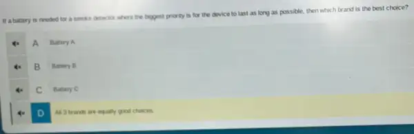 If a buttery is needed for a smoke detector where the biggest priority is for the device to last as long as possible, then which brand is the best choice?
A
Battery A
B
Battery B
C
Battery C
D
All 3 trands are equally good choices.