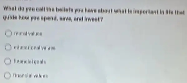 What do you call the bellefs you have about what is important In life that
guide how you spend,save, and invest?
moral values
educational values
finanolal goals
finanolal values