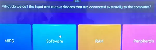 What do we call the input and output devices that are connected externally to the computer?
MIPS
Software
RAM
Peripherals