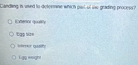 Candling is used to determine which part of the grading process?
Exterior quality
Egg size
Interior quality
Egg weight