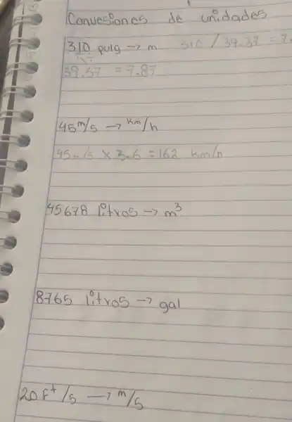 Canvesiones de unidades
[

310 ( pulg ) arrow mathrm(m) 310 / 39.37=7 
39.37=7.87 
45 mathrm(~m) / mathrm(s) arrow mathrm(km) / mathrm(h) 
45 mathrm(~m) / mathrm(s) times 3.6=162 mathrm(~km) / mathrm(h) 
45678 ( litros ) arrow mathrm(m)^3

]
8765 litros arrow gal
[
20 mathrm(f)^+ / mathrm(s) arrow mathrm(m) / mathrm(s)
]