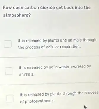 How does carbon dioxide get back into the
atmosphere?
It is released by plants and animals through
the process of cellular respiration.
It is released by solid waste excreted by
animals.
It is released by plants through the process
of photosynthesis