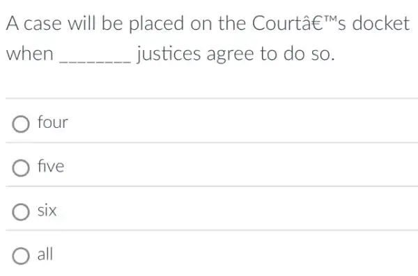 A case will be placed on the Courtâe ms docket
when __ justices agree to do so.
four
five
six
all