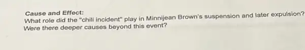 Cause and Effect:
What role did the "chili incident" play in Minnijean Brown's suspension and later expulsion?
Were there deeper causes beyond this event?