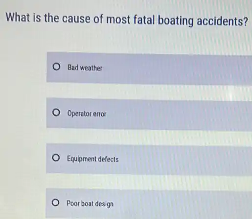 What is the cause of most fatal boating accidents?
Bad weather
Operator error
Equipment defects
Poor boat design