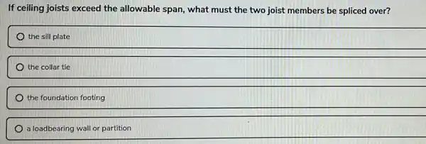 If ceiling joists exceed the allowable span,what must the two joist members be spliced over?
the sill plate
the collar tie
the foundation footing
a loadbearing wall or partition