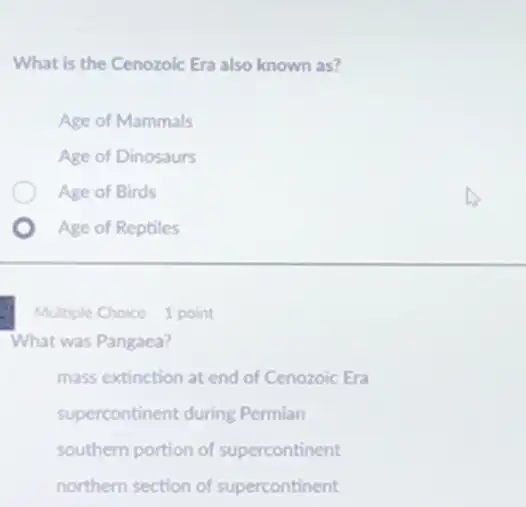 What is the Cenozolc Era also known as?
Age of Mammals
Age of Dinosaurs
Age of Birds
Age of Reptiles
Multiple Choice 1 point
What was Pangaca?
mass extinction at end of Cenozoic Era
supercontinent during Permian
southern portion of supercontinent
northern section of supercontinent