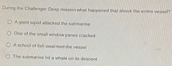 During the Challenger Deep mission what happened that shook the entire vessel?
A giant squid attacked the submarine
One of the small window panes cracked
A school of fish swarmed the vessel
The submarine hit a whale on its descent