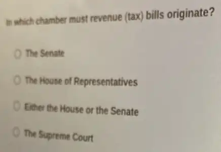 the which chamber must revenue (tax) bills originate?
The Senate
The House of Representatives
Either the House or the Senate
The Supreme Court