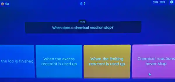 When does a chemical reaction stop?
the lab is finished
When the excess
reactant is used up
When the limiting
reactant is used up
Chemical reactions
never stop