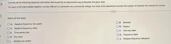 Choose all the following diagrams and tables that would be an appropriate way to describe the given data.
For each of 30 intermediate algebra courses offered in a semester at a community college, the head of the department records the number of students who passed the course.
Select all that apply.
A. Relative frequency bar graph
B. Stemplot
C. Relative frequency table
D. Dotplot
E. Time-series plot
F. Two-way table
H. Frequency table
G. Pie chart
J. Relative frequency histogram
1. Multiple bar graph