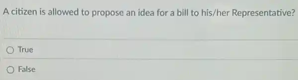 A citizen is allowed to propose an idea for a bill to his/her Representative?
True
False