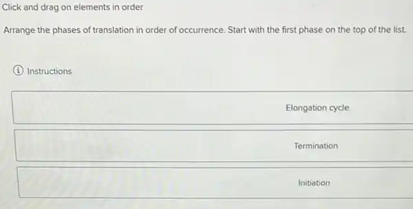 Click and drag on elements in order
Arrange the phases of translation in order of occurrence. Start with the first phase on the top of the list.
(i) Instructions
Elongation cycle
Termination
Initiation