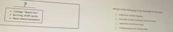 ?
College "teach-ins"
Mass demonstrations
Which of the following is the best title for this list?
Support for Gender Equality
Demands to Stop Dumping Chemical Waste
Opposition to the Arms Race
Protests Against the Vietnam War
Burning draft cards