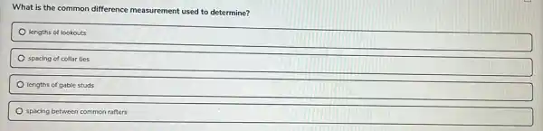 What is the common difference measurement used to determine?
lengths of lookouts
spacing of collar ties
lengths of gable studs
spacing between common raffers
