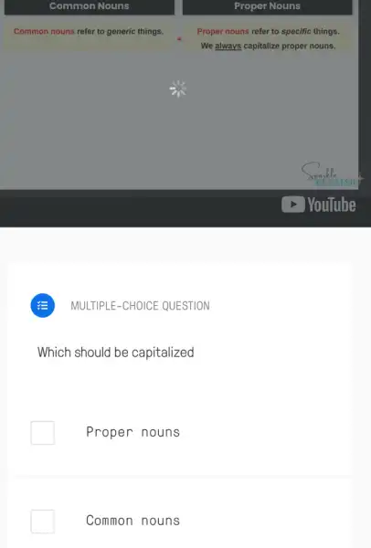 Common Nouns
Proper Nouns
Common nouns refer to generic things.
Proper nouns refer to specific things.
We always capitalize proper nouns.
MULTIPLE-CHOICE QUESTION
Which should be capitalized
Proper nouns
Common nouns