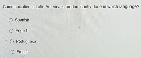 Communication in Latin America is predominantly done in which language?
Spanish
English
Portuguese
French