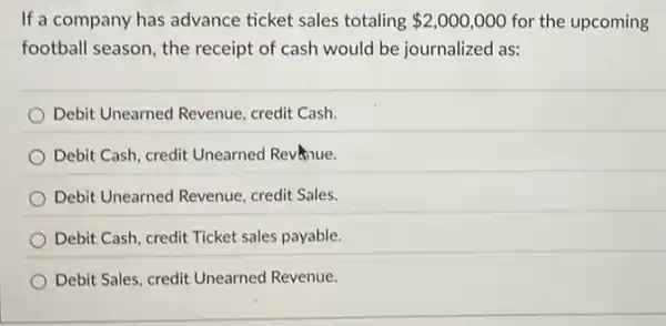 If a company has advance ticket sales totaling 2,000,000 for the upcoming
football season, the receipt of cash would be journalized as:
Debit Unearned Revenue credit Cash.
Debit Cash, credit Unearned Revinue.
Debit Unearned Revenue,credit Sales.
Debit Cash, credit Ticket sales payable.
Debit Sales, credit Unearned Revenue.