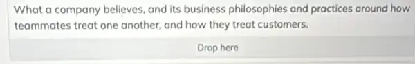 What a company believes, and its business philosophies and practices around how
teammates treat one another, and how they treat customers.
Drop here