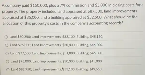 A company paid 150,000 plus a 7%  commission and 5,000 in closing costs for a
property. The property included land appraised at 87,500 land improvements
appraised at 35,000 and a building appraised at 52,500 . What should be the
allocation of this property's costs in the company's accounting records?
Land 80,250 Land Improvements, 32,100 Building, 48,150
Land 75,000 Land Improvements, 30,800 Building, 46,200
Land 77,500 Land Improvements; 31,000 Building; 46,500
Land 75,000 Land Improvements, 30,000 Building, 45,000
Land 82,750 Land Improvements 33,100 Building, 49,650