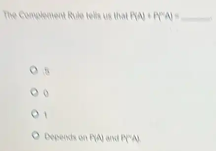 The Complement Rule tells us that P(A)+P(^wedge A)=underline ( ).
o
Depends on P(A) and P(^NA)