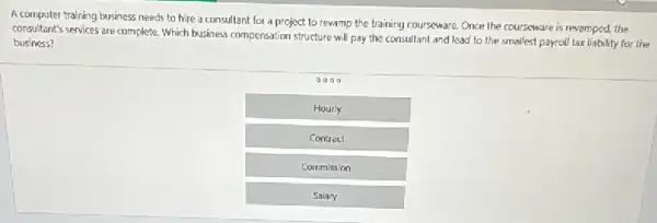 A computer training business needs to hire a consultant for a project to rewamp the training courseware Once the courseware is revamped, the
consultant's services are complete Which business compensation structure will pay the consultant and lead to the smallest payroll tax liability for the
business?
0000
Hourly
Controct
Commission
Salary