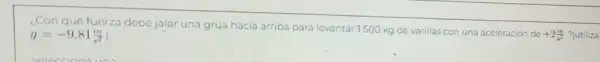 ¿Con qué fuerza debe jalar una grúa hacia arriba para levantar1500 kg de varillas con una aceleración de
+2(m)/(s^2) ?(utiliza