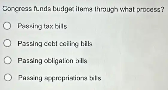 Congress funds budget items through what process?
Passing tax bills
Passing debt ceiling bills
Passing obligation bills
Passing appropriations bills