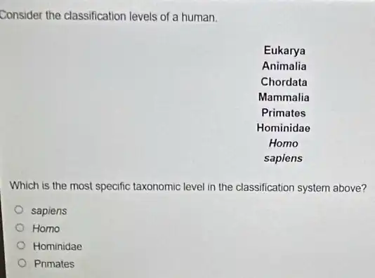 Consider the classification levels of a human.
Eukarya
Animalia
Chordata
Mammalia
Homo
sapiens
Which is the most specific taxonomic level in the classification system above?
sapiens
Homo
Hominidae
Primates