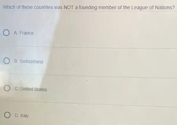 Which of these countries was NOT a founding member of the League of Nations?
A. France
B. Switzerland
C. United States
D. Italy