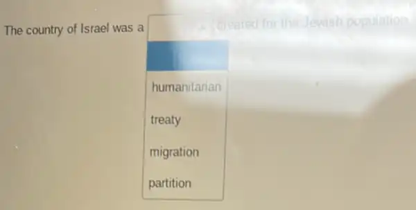 The country of Israel was a
square 
disappointed
for the Jewish population.
humanitarian
treaty
migration