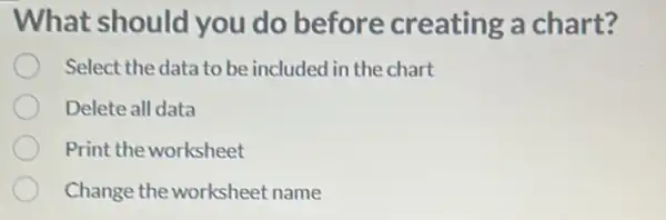 What should you do before creating a chart?
Select the data to be included in the chart
Delete all data
Print the worksheet
Change the worksheet name