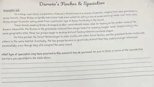 Danwin's Finches &Speciation
Scenario a2:
On a large, lush island, a population of Darwin's finches Lives in a variety of habitats.ranging from open grasslands to
dense forests. These finches originally had similar beak sizes sulfed for eating a mix of small and large seeds. Over time, some
finches began to prefer eating seeds from a particular type of flower found only in the forest
These forest-dwelling finches developed smaller, more delicate beaks, Ideal for feeding on the smaller seeds of the
flowers. Heanwhile, the finches in the grasslands retained their larger beaks for crocking tougher seeds. Despite living in the
same geographic area, these two groups began to develop distinct feeding behaviors and beak shapes.
As time passed, the forest finches began to mate mostly with other forest finches, and the grassland finches mated with
others in the same habitat. Eventually, the two groups became so genetically distinct that they could no longer interbreed
successfully, even though they still occupied the same Island.
What type of speciation may have occurred in this scenario? How do you know? Be sure to think in terms of the reproductive
iii __