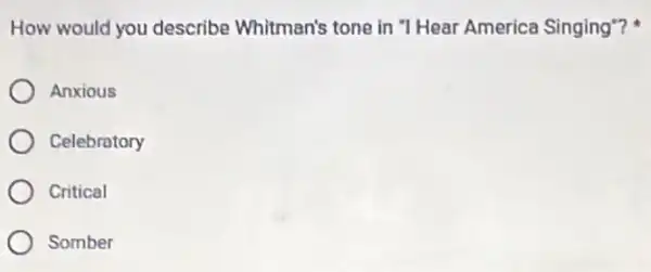 How would you describe Whitman's tone in "I Hear America Singing"?
Anxious
Celebratory
Critical
Somber