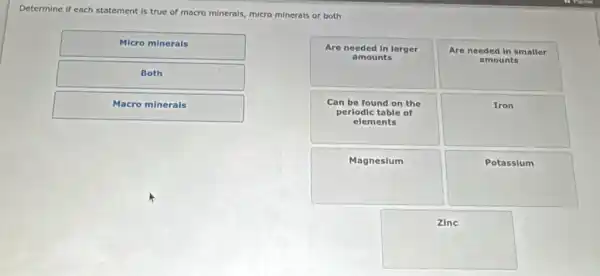 Determine if each stat
statement is true of macro minerals, micro minerals or both
Micro minerals
Both
Macro minerals
Are needed in larger	Are needed in smaller
amounts	amounts
Can be found on the
square 
periodic table of
elements
Magnesium
square 
square