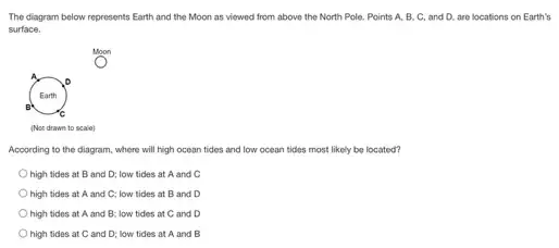 The diagram below represents Earth and the Moon as viewed from above the North Pole, Points A, B, C, and D. are locations on Earth's
surface.
According to the diagram.where will high ocean tides and low ocean tides most likely be located?
high tides at B and D; low tides at A and C
high tides at A and C; low tides at B and D
high tides at A and B; low tides at C and D
high tides at C and D; low tides at A and B